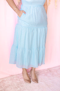 Blue Pinstriped Bubble Sleeve Dress