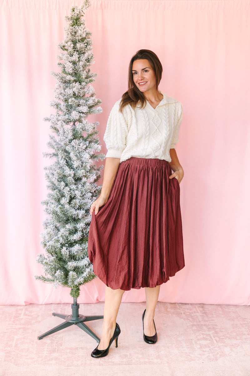 Burgundy Crinkle Midi Skirt