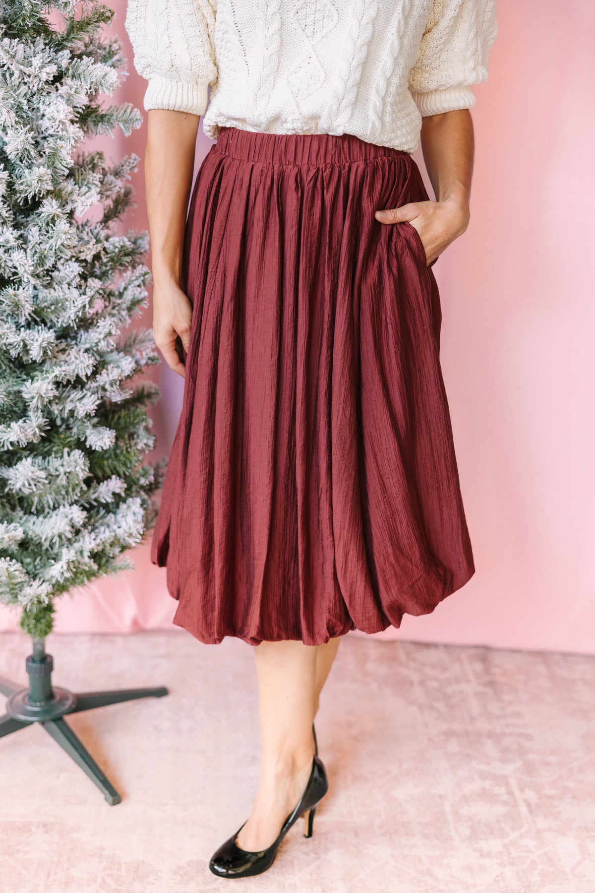 Burgundy Crinkle Midi Skirt