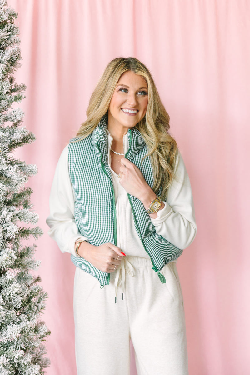 Green Gingham Puffer Vest