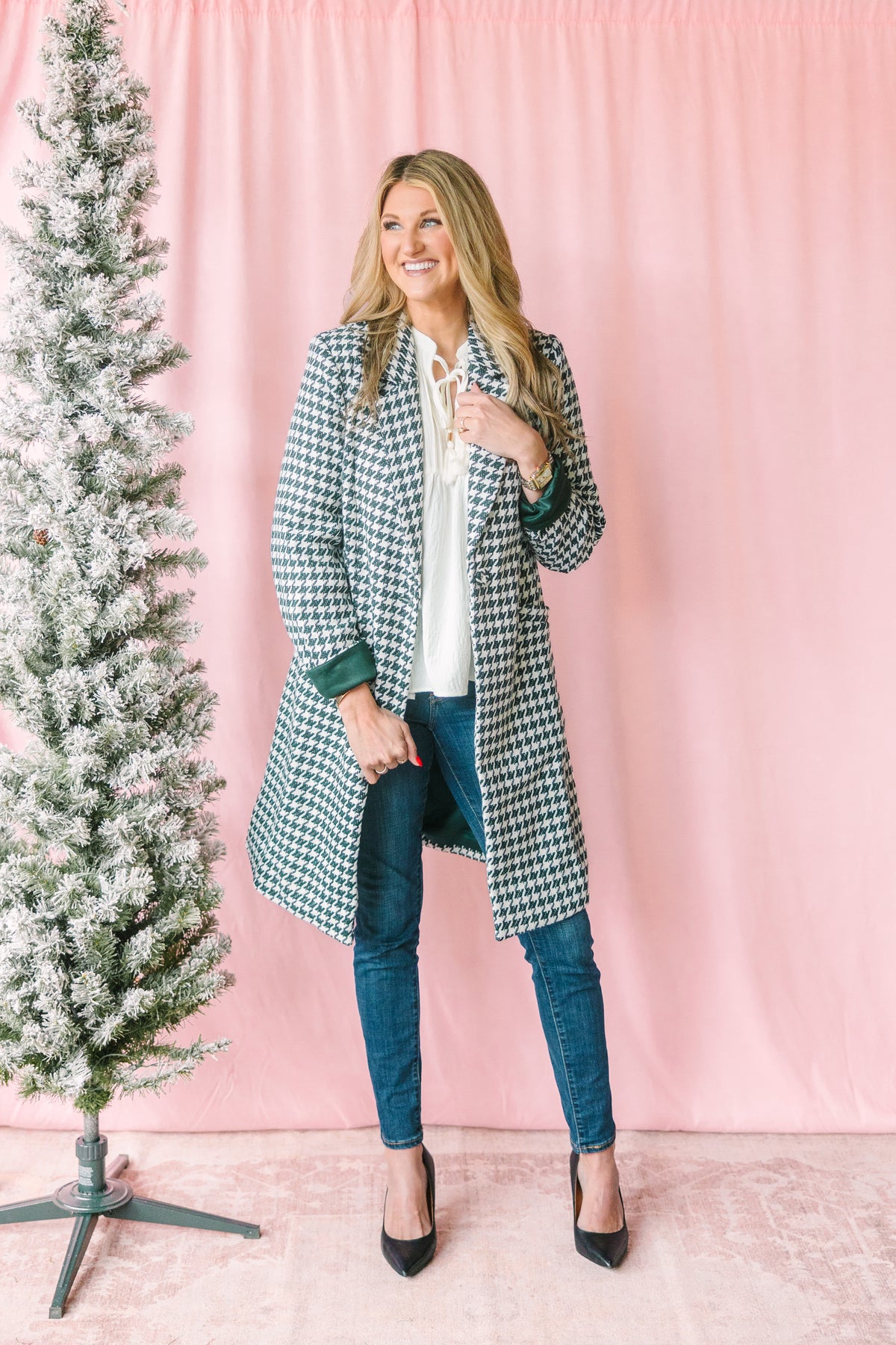 Green & Ivory Houndstooth Coat