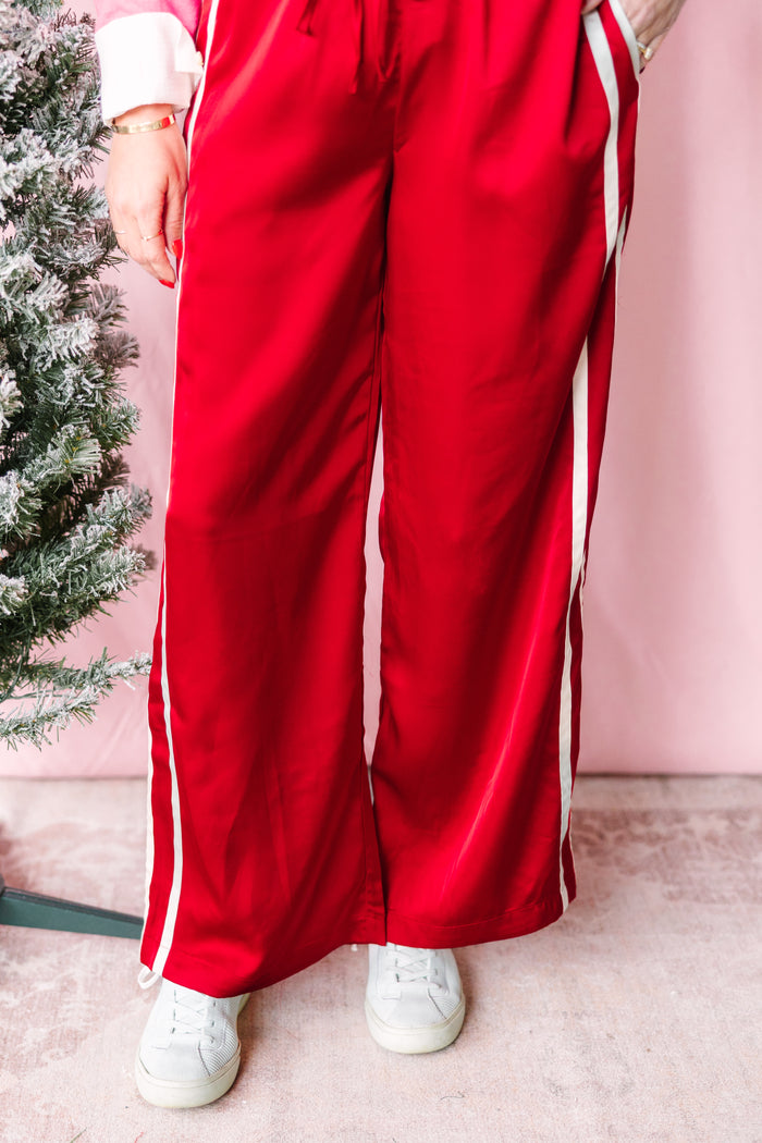 Red Satin Wide Leg Pants