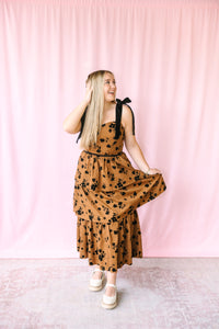 Caramel Floral Flocked Midi Dress