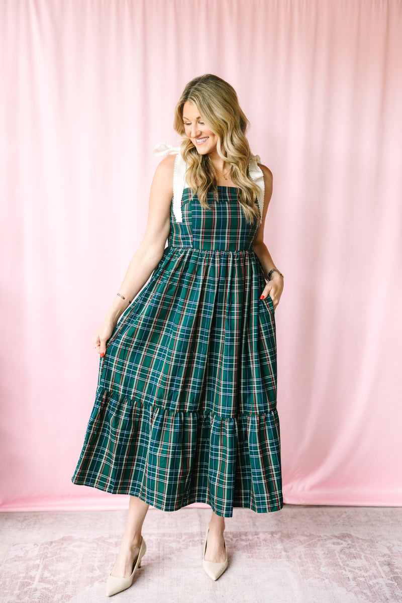 Pine Christmas Tie-Shoulder Dress