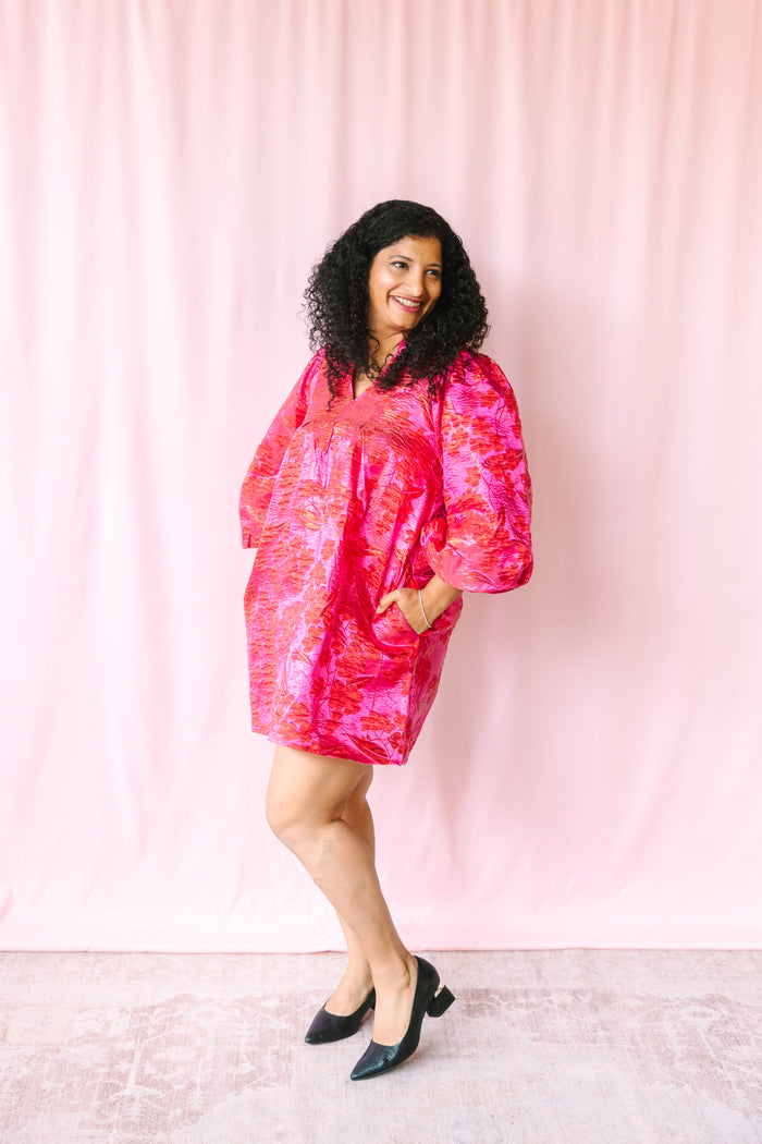 Hot Pink Floral Jacquard Dress