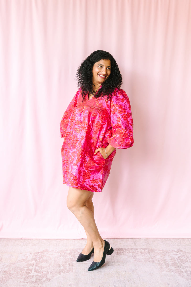 Hot Pink Floral Jacquard Dress