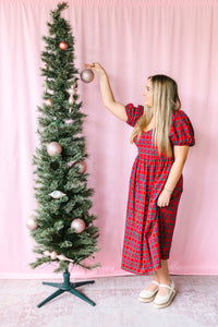 Holiday Plaid Puff Sleeve Midi Dress