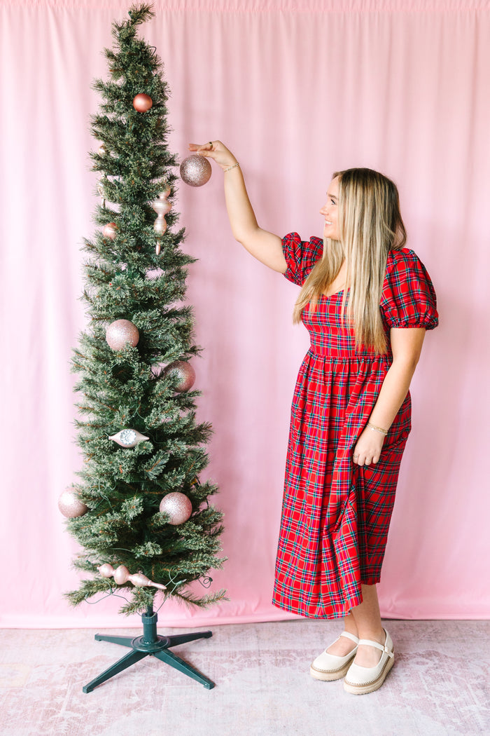 Holiday Plaid Puff Sleeve Midi Dress