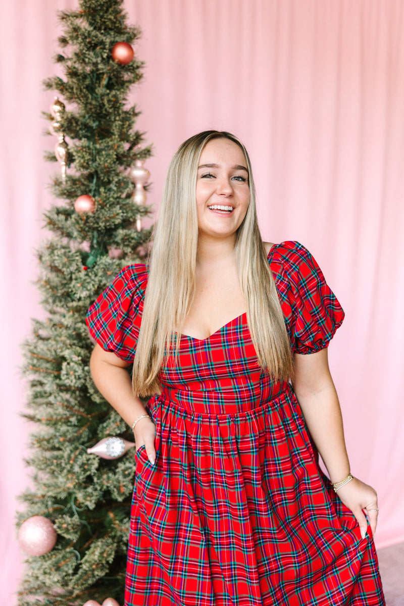 Holiday Plaid Puff Sleeve Midi Dress