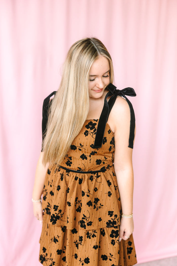 Caramel Floral Flocked Midi Dress