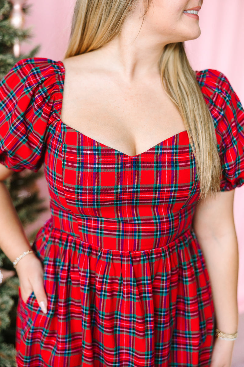 Holiday Plaid Puff Sleeve Midi Dress