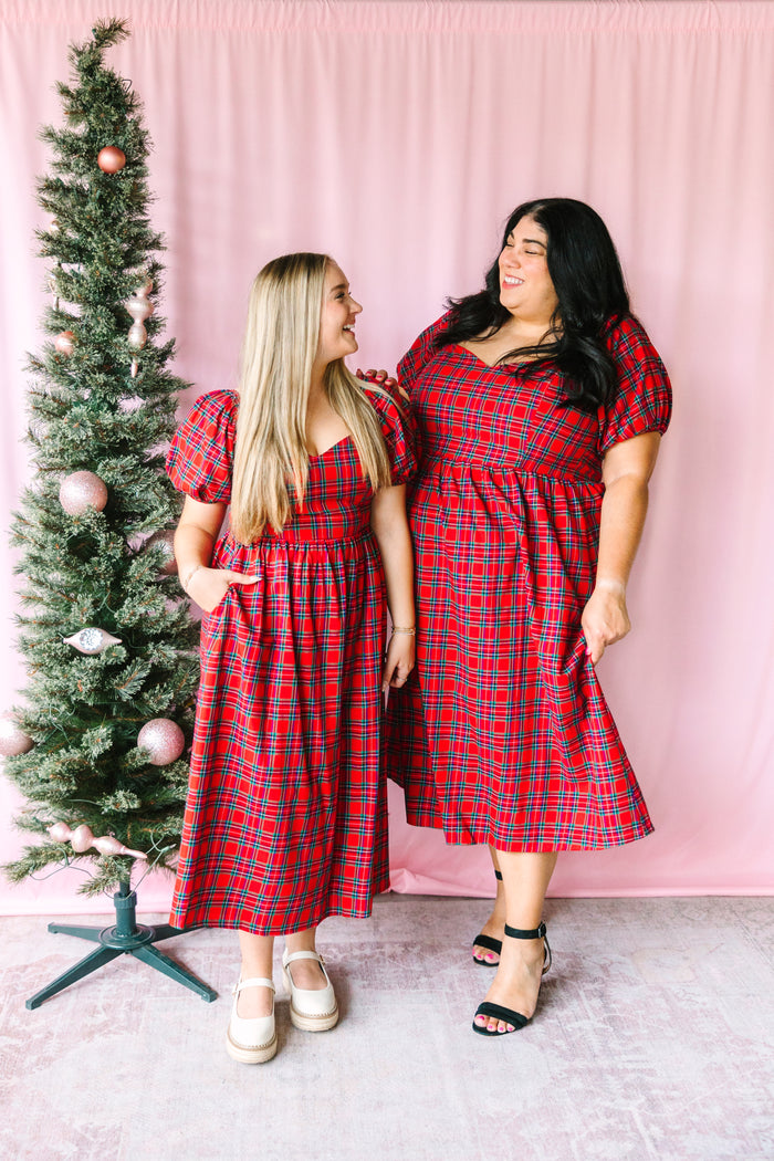 Holiday Plaid Puff Sleeve Midi Dress