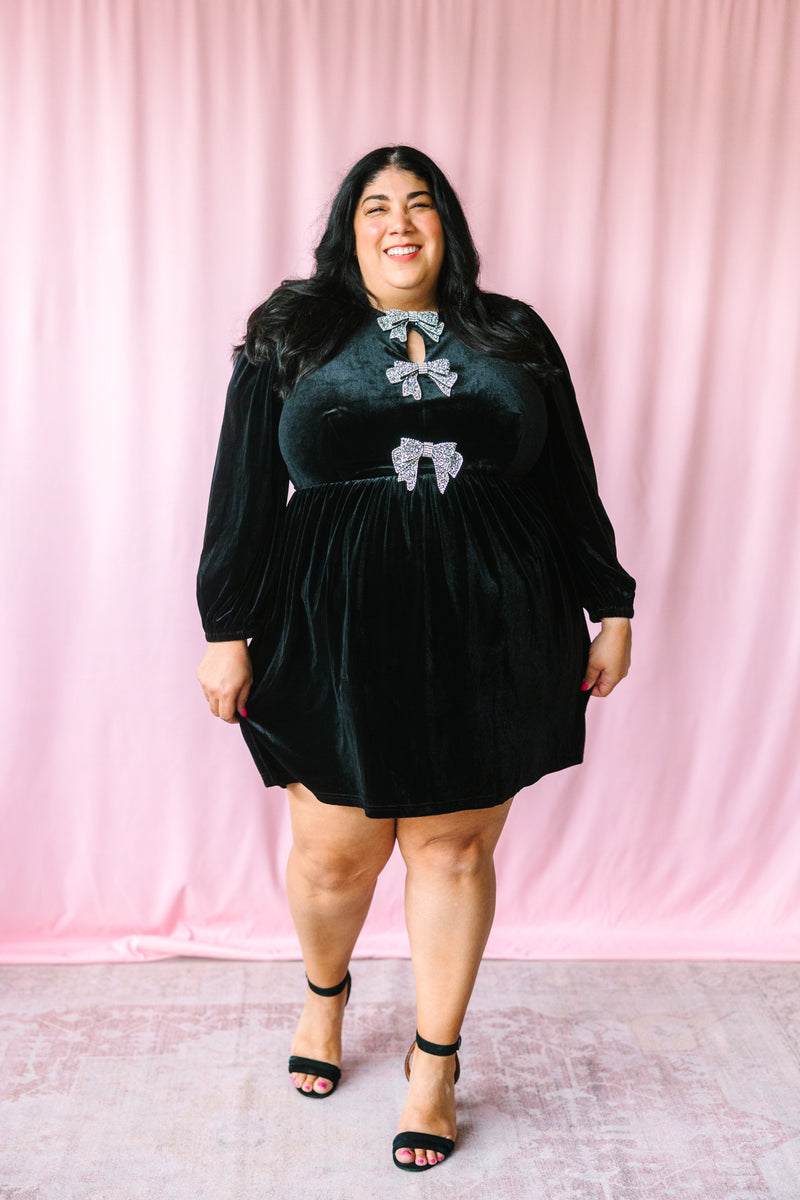 Black Velvet Silver Bow Dress