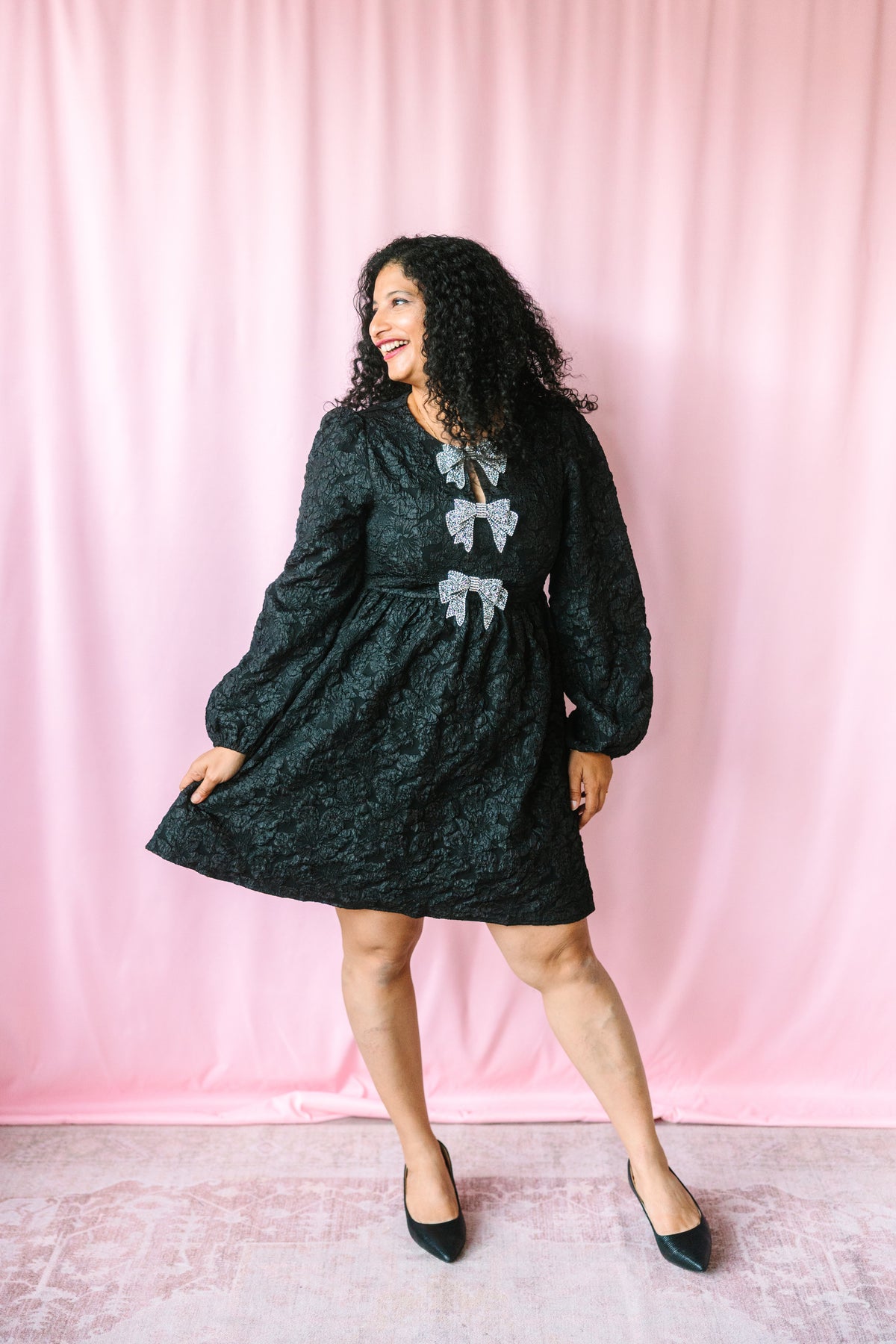 Black Jacquard Silver Bow Dress