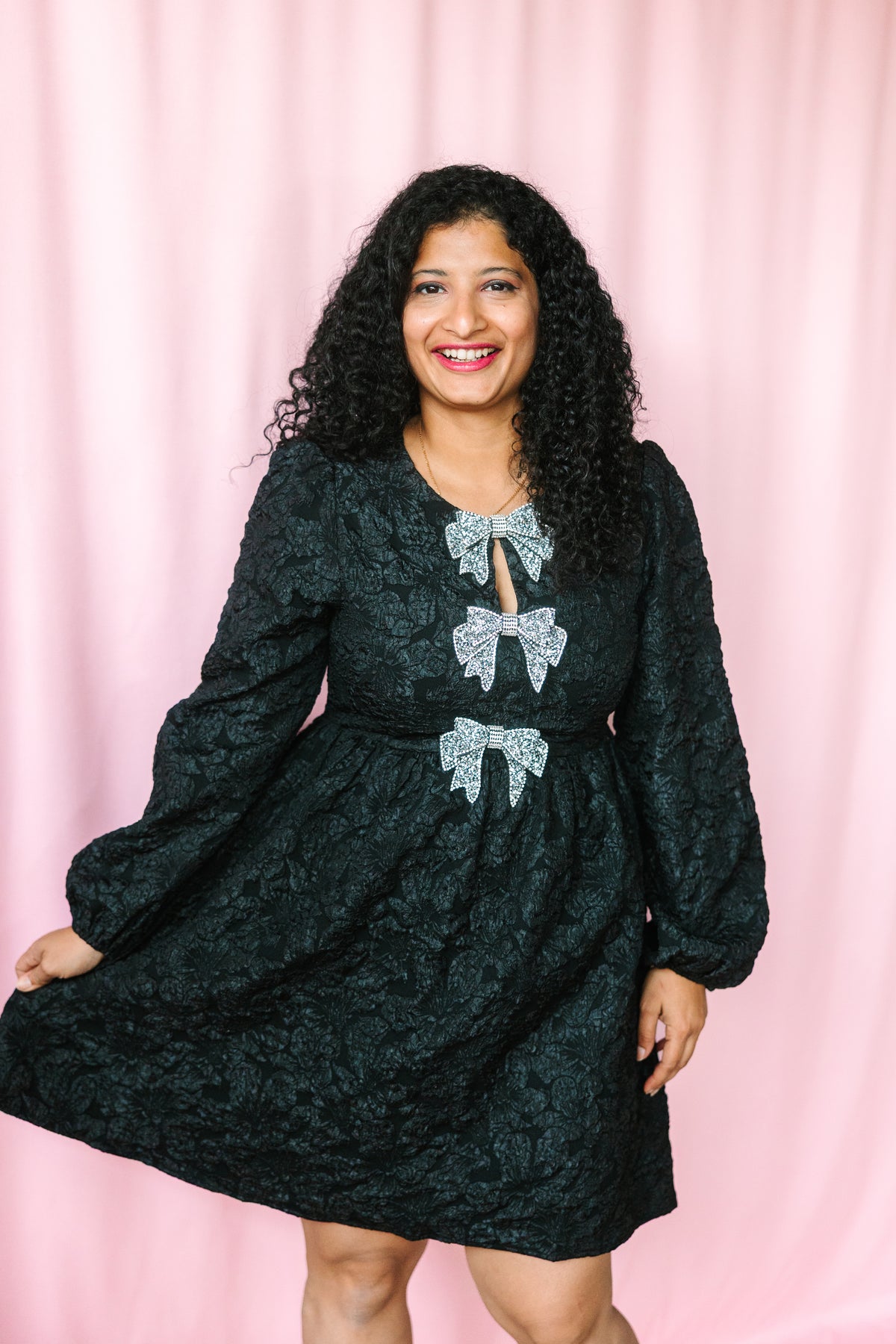 Black Jacquard Silver Bow Dress