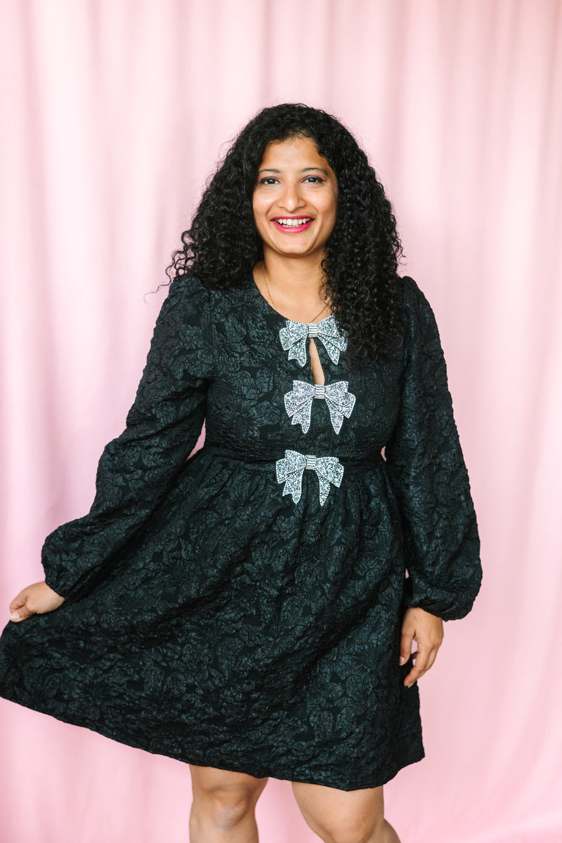 Black Jacquard Silver Bow Dress
