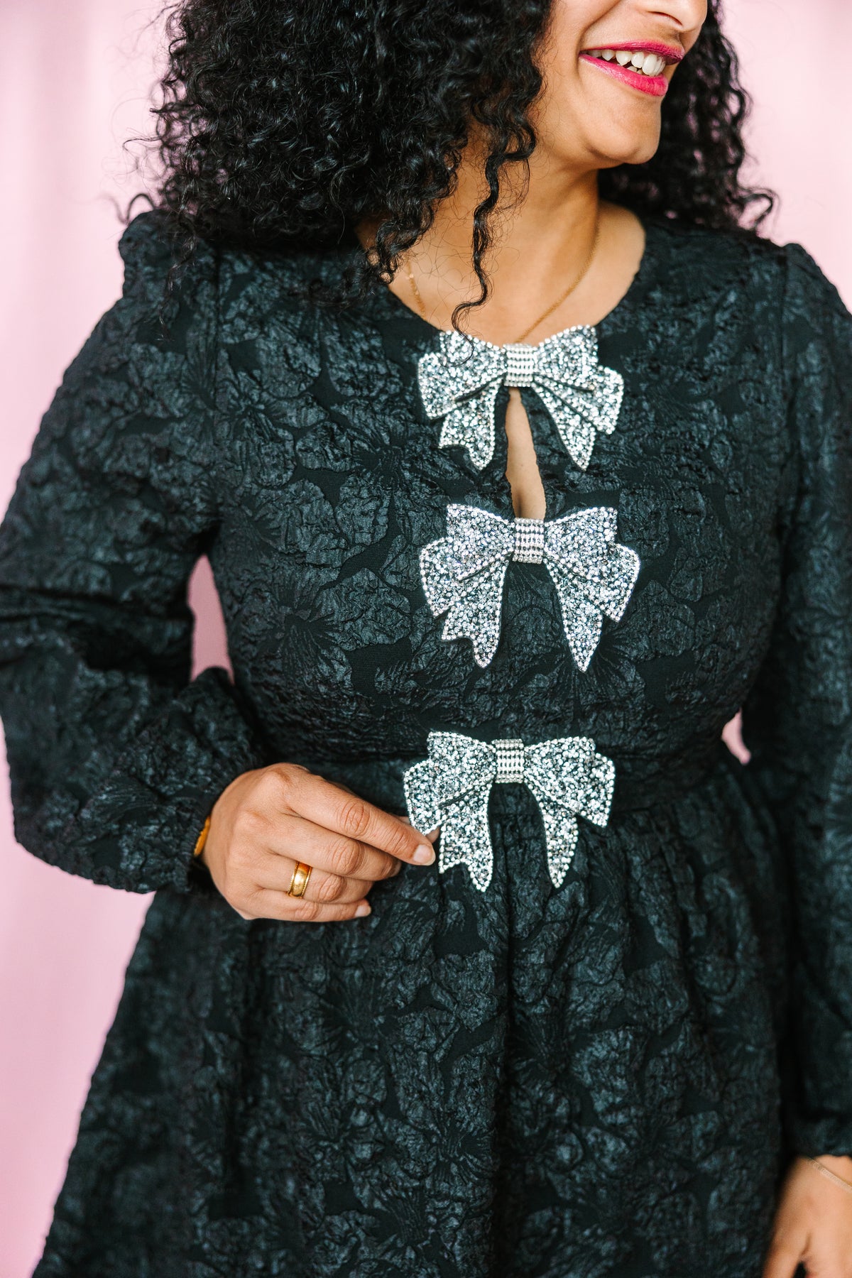 Black Jacquard Silver Bow Dress