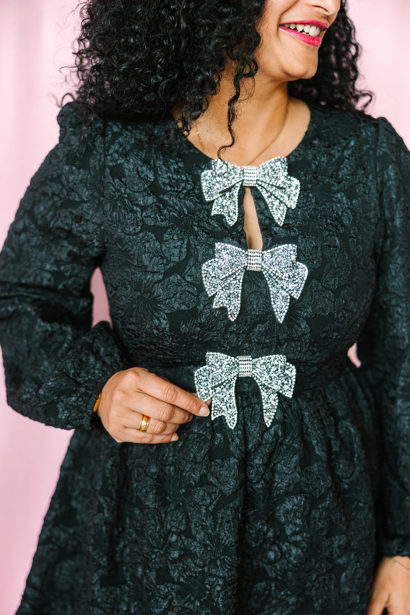 Black Jacquard Silver Bow Dress