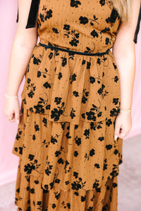 Caramel Floral Flocked Midi Dress