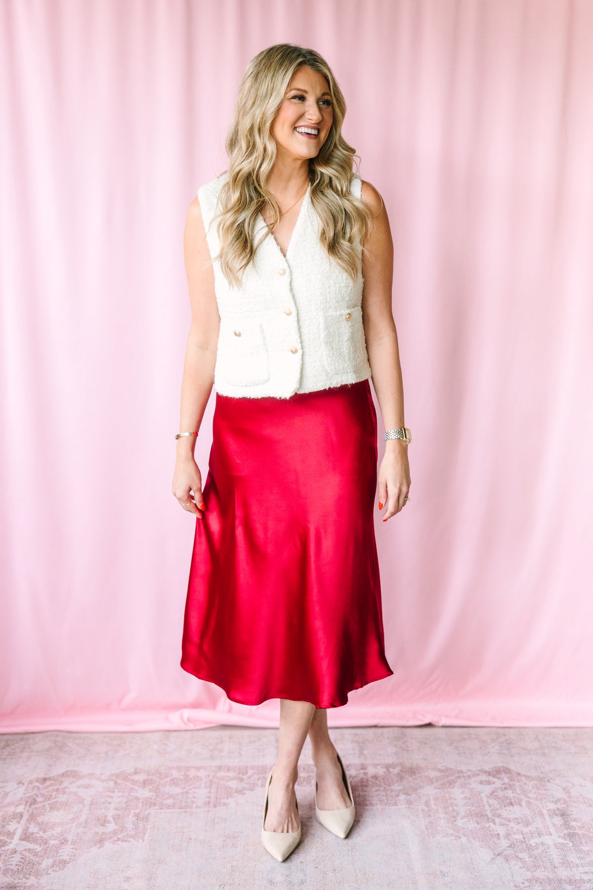 Red Satin Midi Skirt