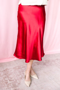 Red Satin Midi Skirt