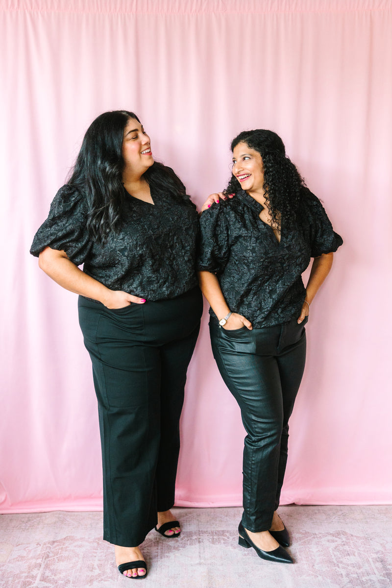 Black Jacquard Split Neck Top