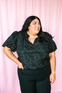 Black Jacquard Split Neck Top