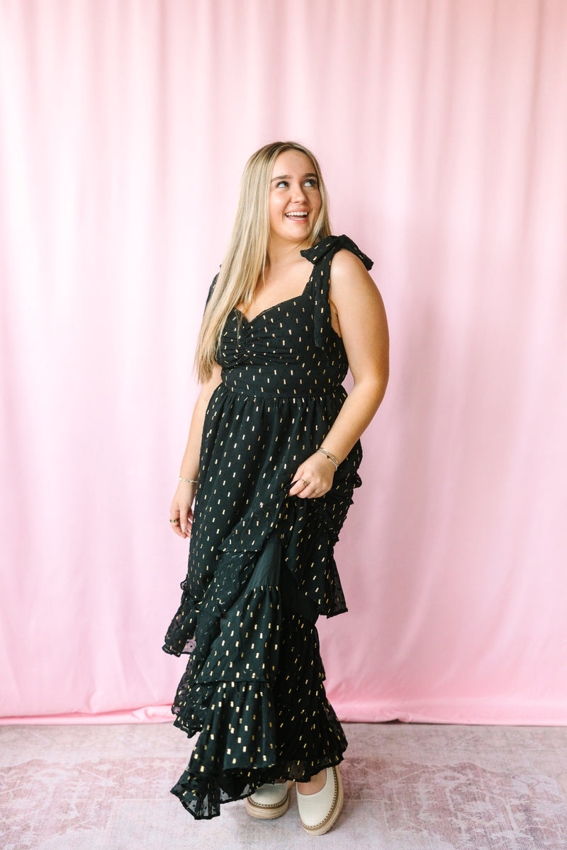 Gold Dot Black Maxi Dress