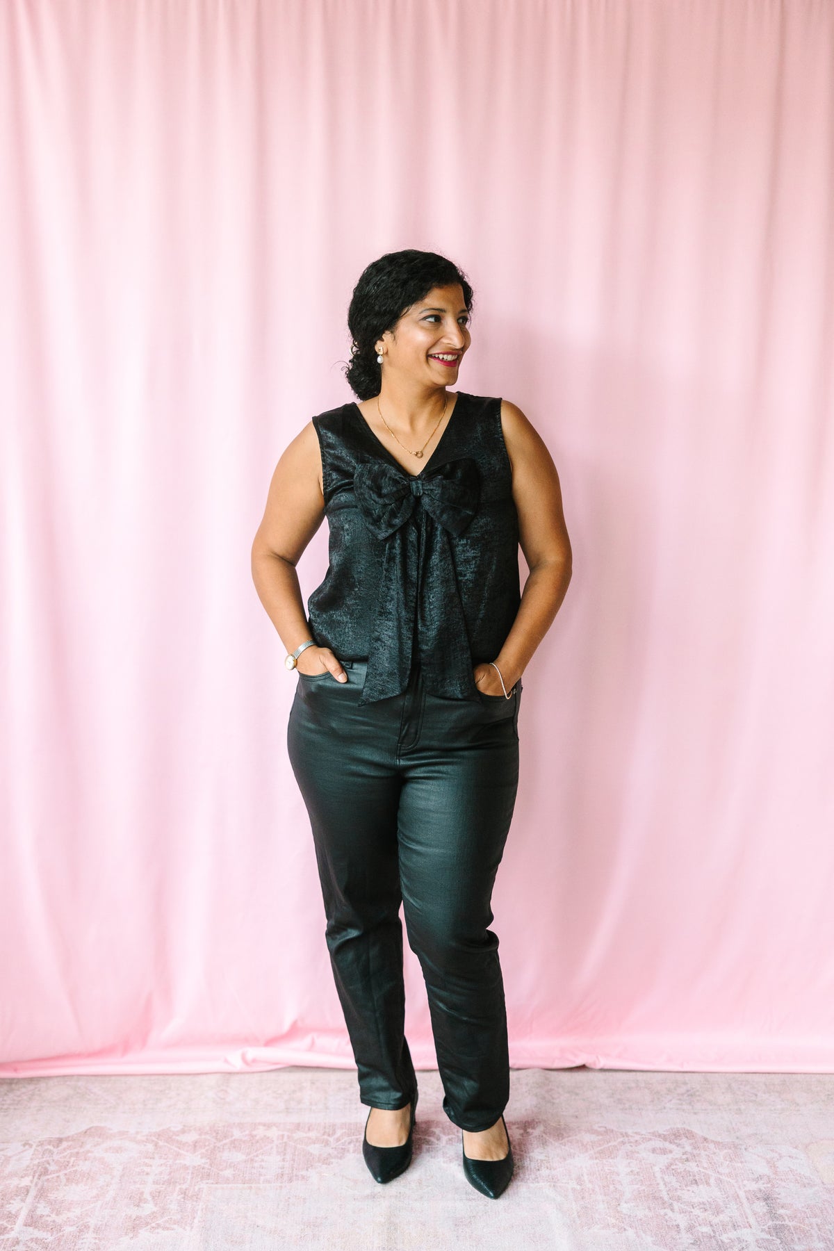 Black Metallic Print Bow Top