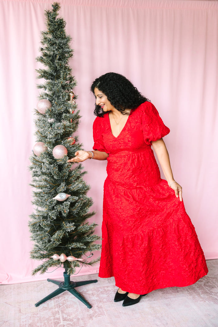 Red Jacquard Maxi Tiered Dress