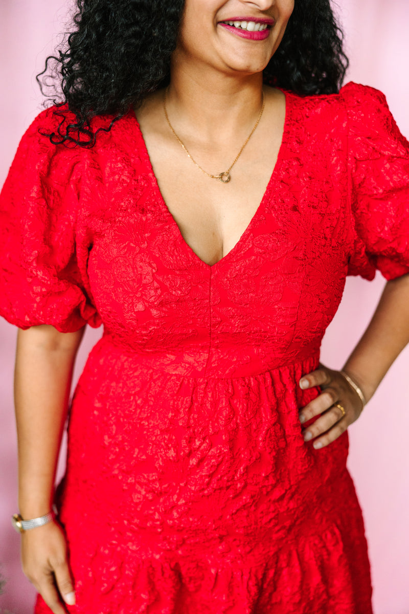 Red Jacquard Maxi Tiered Dress