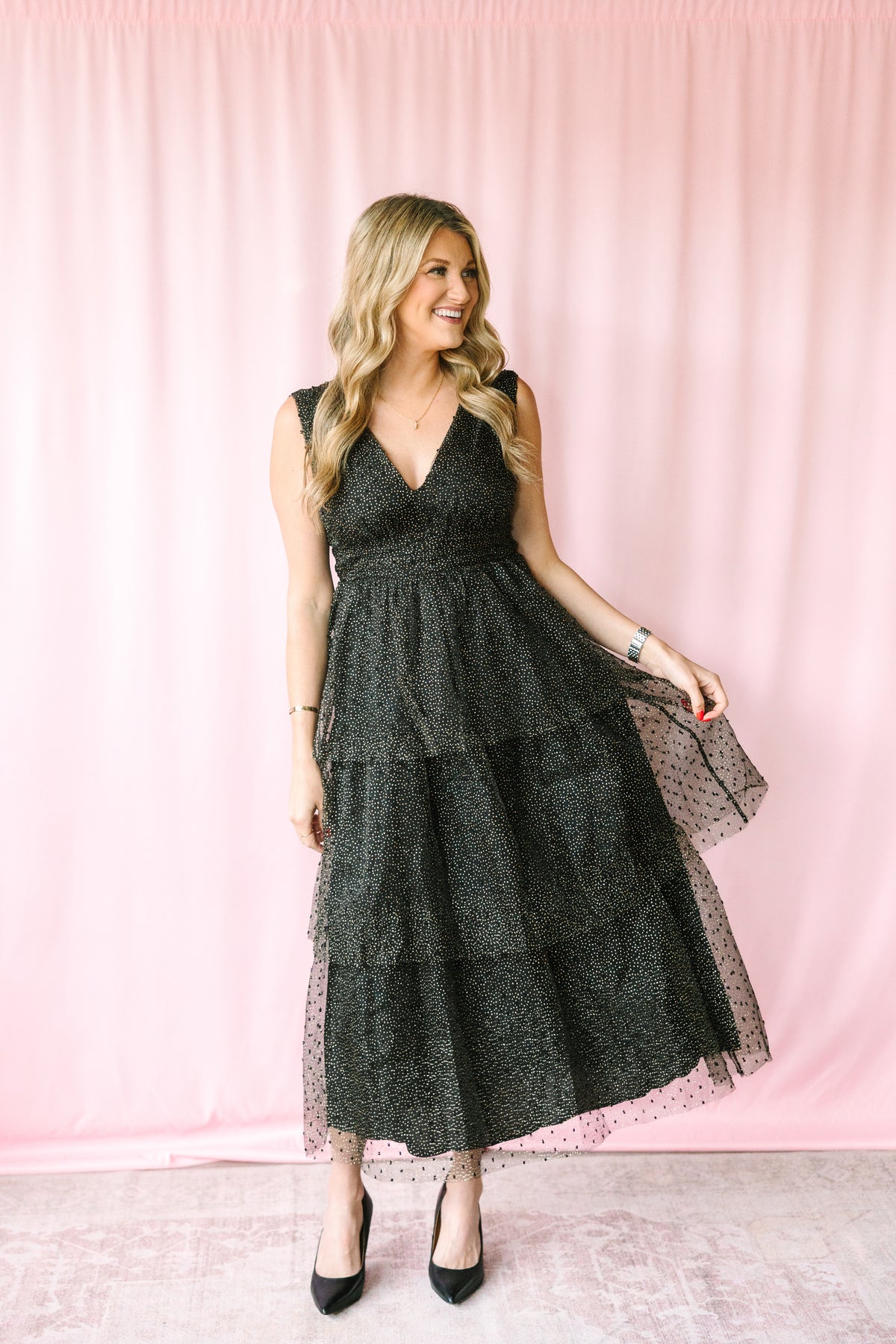 Black Organza Tiered Midi Dress