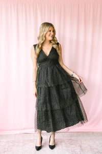 Black Organza Tiered Midi Dress