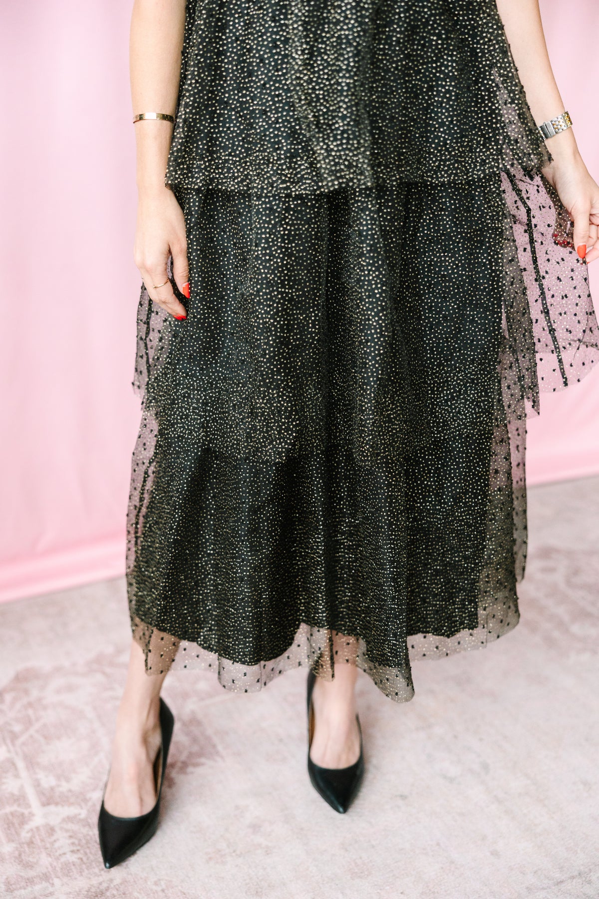 Black Organza Tiered Midi Dress