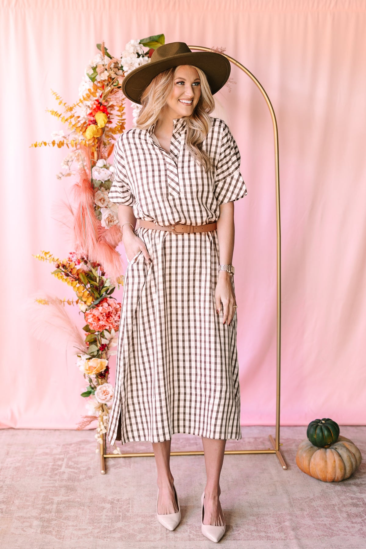 Brown Gingham Midi Dress