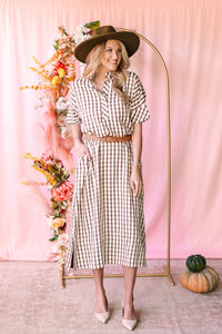 Brown Gingham Midi Dress