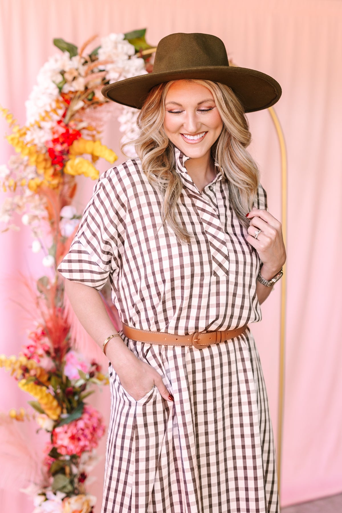 Brown Gingham Midi Dress