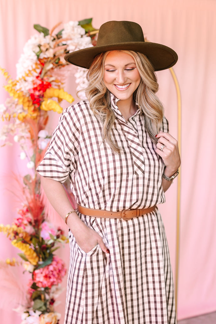 Brown Gingham Midi Dress