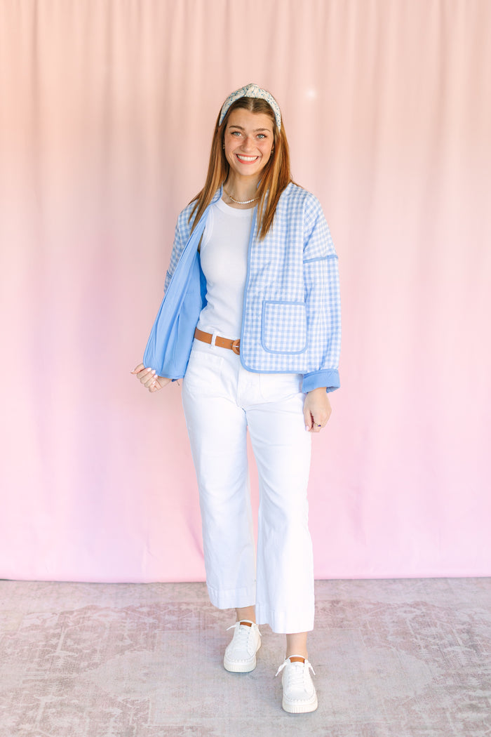 Light Blue Quilted Plaid Puff Jacket