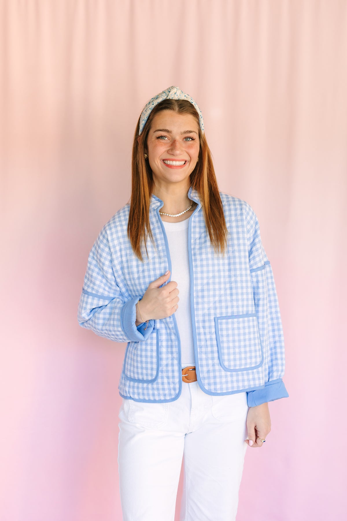Light Blue Quilted Plaid Puff Jacket