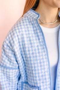 Light Blue Quilted Plaid Puff Jacket