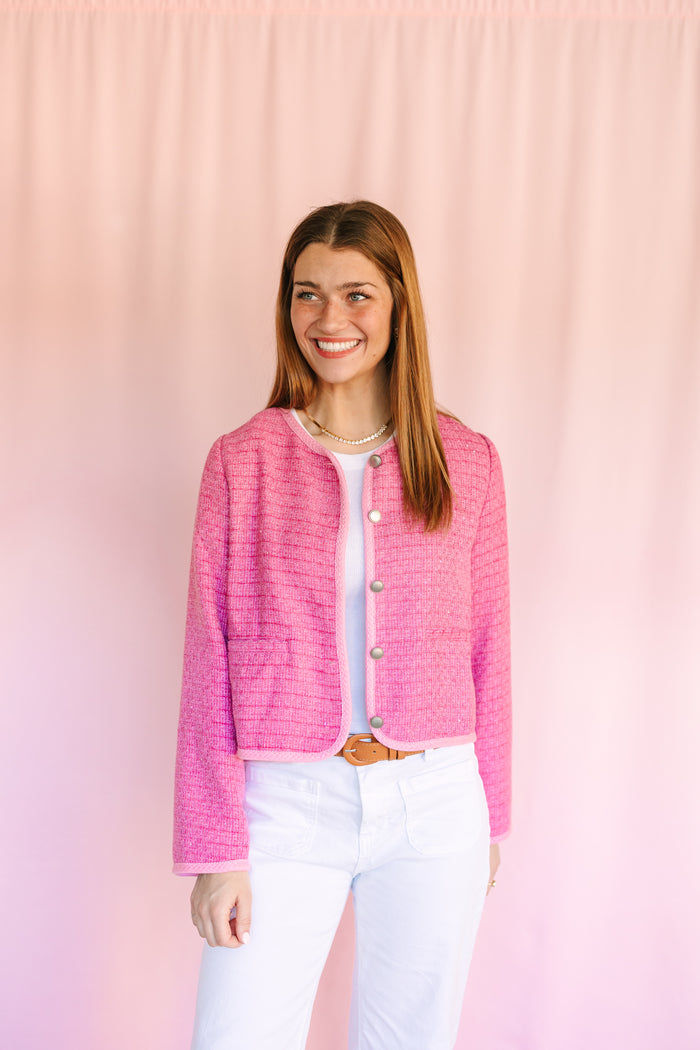 Pink Sequin Accent Tweed Blazer