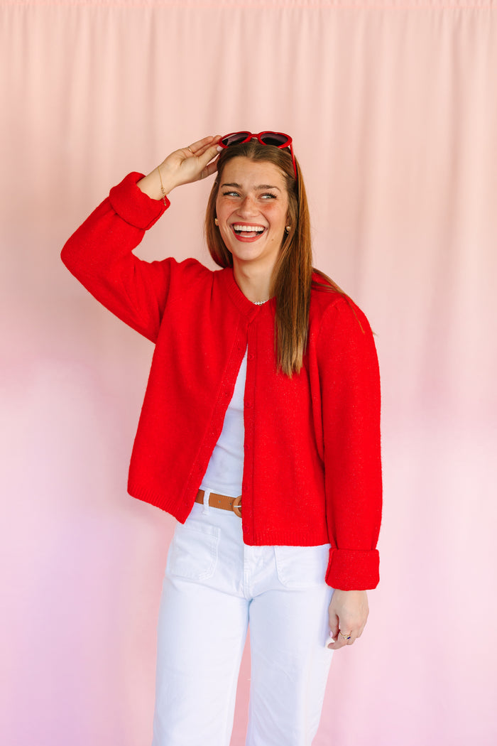 Red Puff Sleeve Cardigan