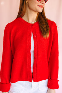 Red Puff Sleeve Cardigan