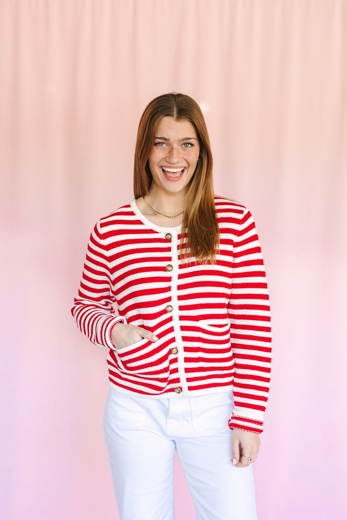 Red Striped Knit Cardigan