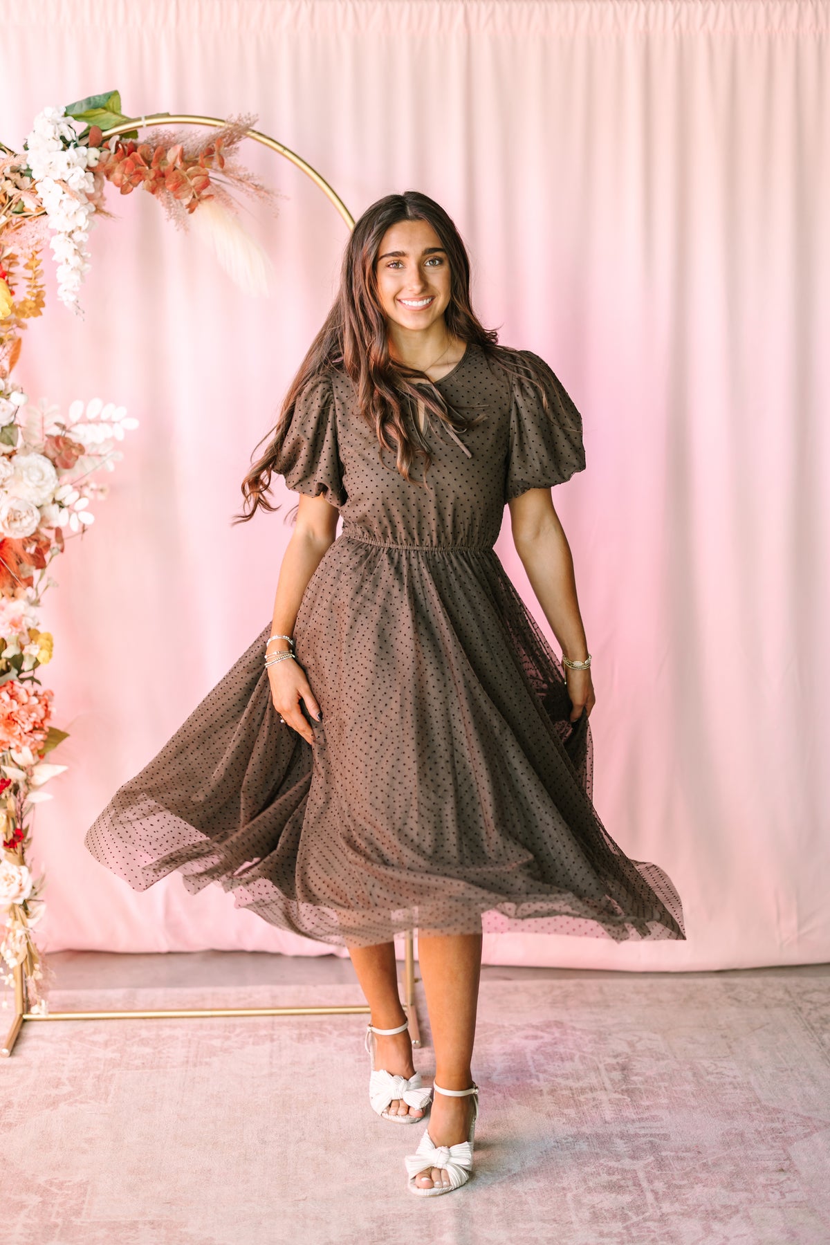 Brown Polka Dot Mesh Midi Dress