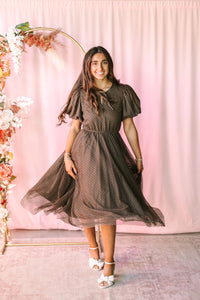 Brown Polka Dot Mesh Midi Dress