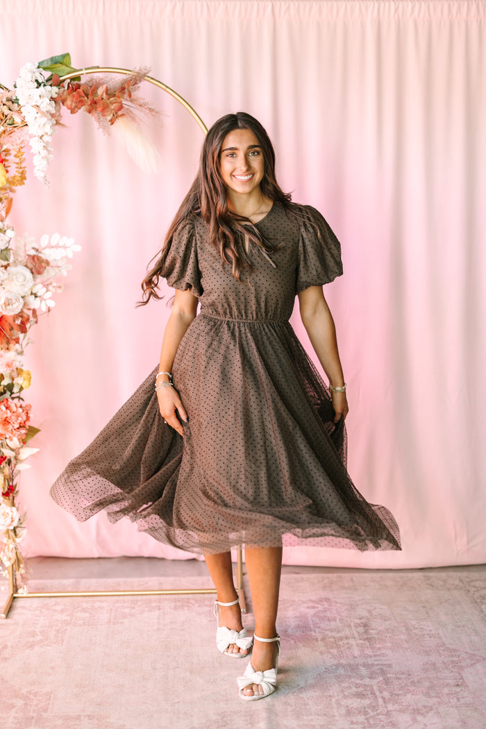 Brown Polka Dot Mesh Midi Dress