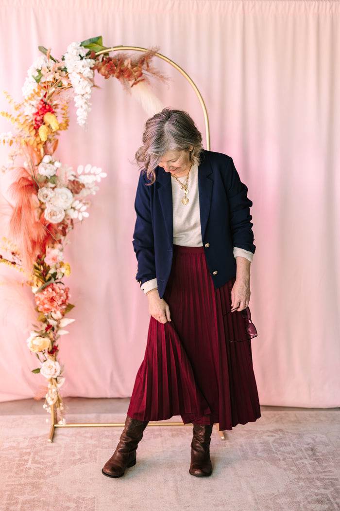 Burgundy Pleated Midi Skirt