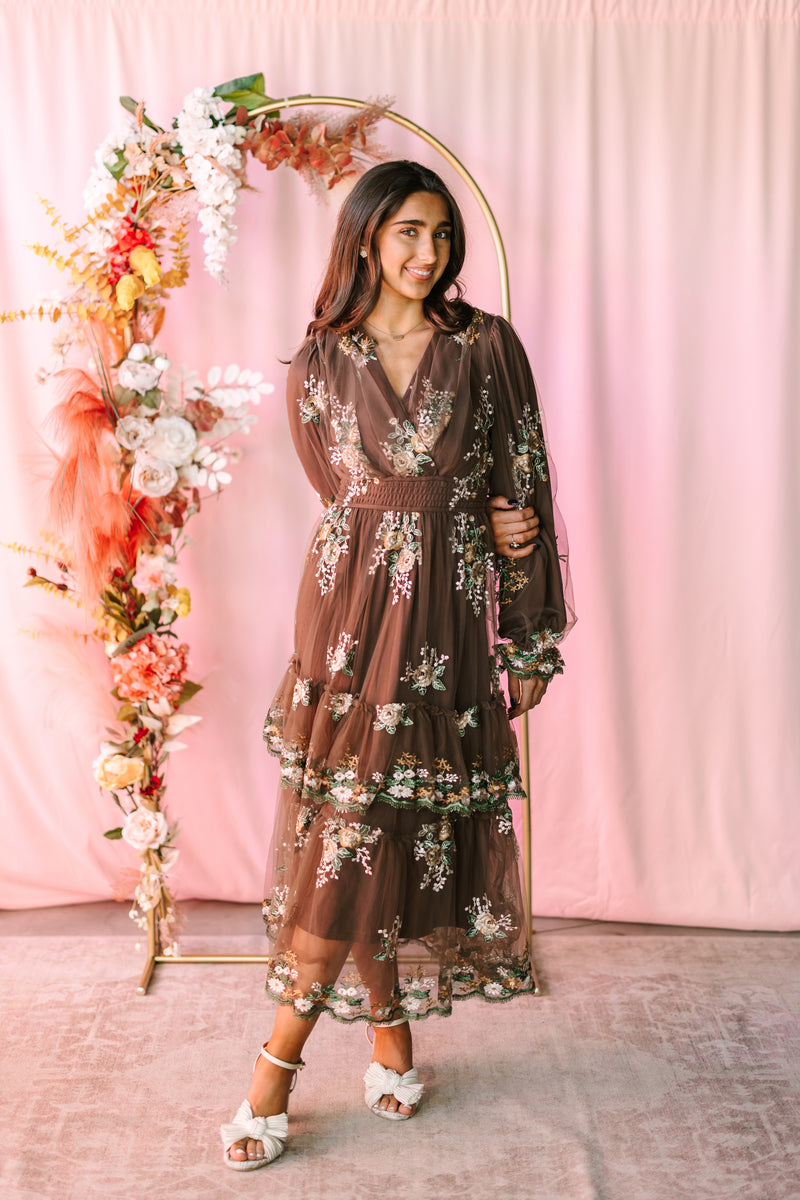 Floral Embroidered Tulle Maxi Dress